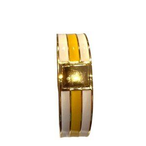 J.Crew Gold Tone Enamel Hinged Cuff Bracelet White Yellow Striped Classic Bangle